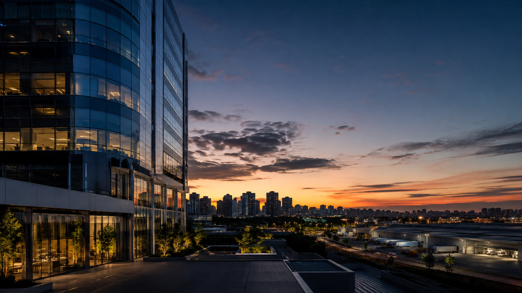 Cenário urbano corporativo e logístico ao entardecer